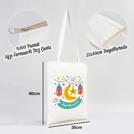 35x40 cm ölçülü fermuarlı %100 pamuk ham bez Ramazan temalı tote çanta, sağlam kulplu