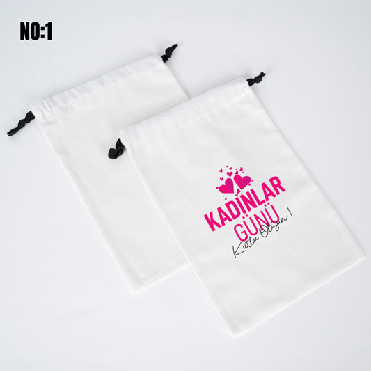 8 Mart Kadınlar Günü Özel - Siyah İpli Bez Kese, Beyaz Panama Kumaş, 20x30 cm - istecanta.com