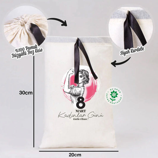 20x30 Siyah Kurdelalı Bez Kese – Kadınlar Günü Hediyesi