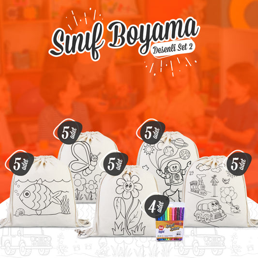 Sınıf Boyama Desenli Set 2 - 25 Adet Boyanabilir Büzgülü Çanta / 4 Adet Keçeli Kalem 12'li - istecanta.com