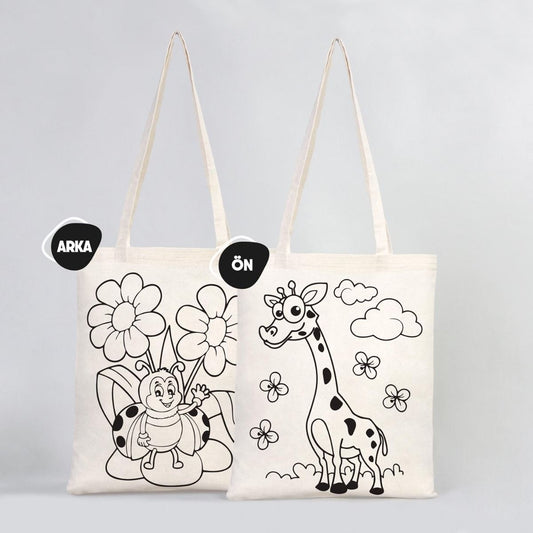 Yıkanabilir Eğlence Seti - 5 Adet Çift Yön Boyanabilir Çanta / 1 Adet Boyanabilir Kalemlik / 1 Adet 12'li Keçeli Kalem - istecanta.com