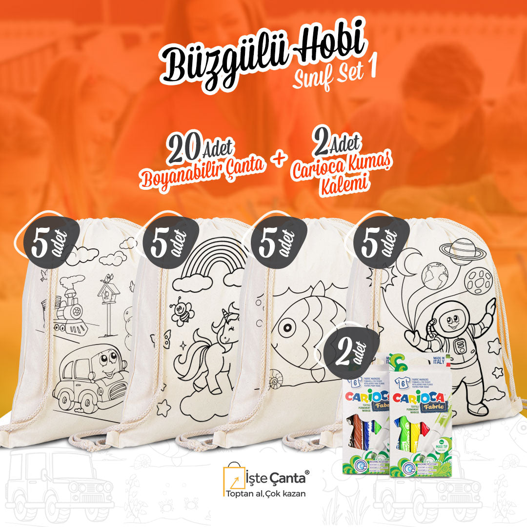 Büzgülü Çanta Hobi Boyama Set 1 - 20 Adet Boyanabilir Büzgülü Çanta / 2 Adet Carioca Kumaş Boya Kalemi - istecanta.com