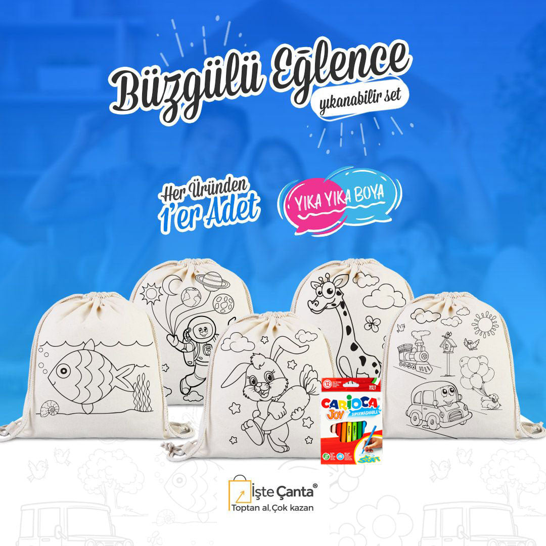 Yıkanabilir Büzgülü Eğlence Seti - 5 Adet Boyanabilir Büzgülü Boyanabilir Çanta / 1 Adet Keçeli Kalem 12'li - istecanta.com