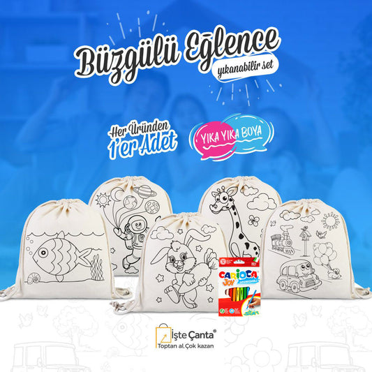 Yıkanabilir Büzgülü Eğlence Seti - 5 Adet Boyanabilir Büzgülü Boyanabilir Çanta / 1 Adet Keçeli Kalem 12'li - istecanta.com