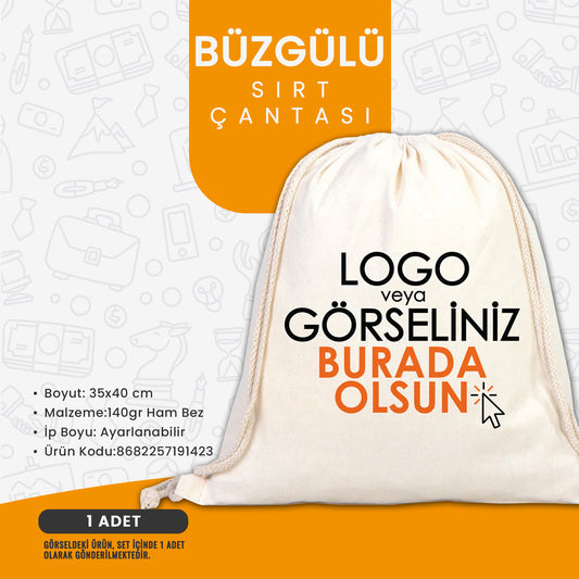 “Logo baskılı büzgülü sırt çantası; 35x40 cm ölçülü, 140 gr ham bez kumaştan üretilen, dayanıklı ve ayarlanabilir ipli promosyon çanta modeli.”