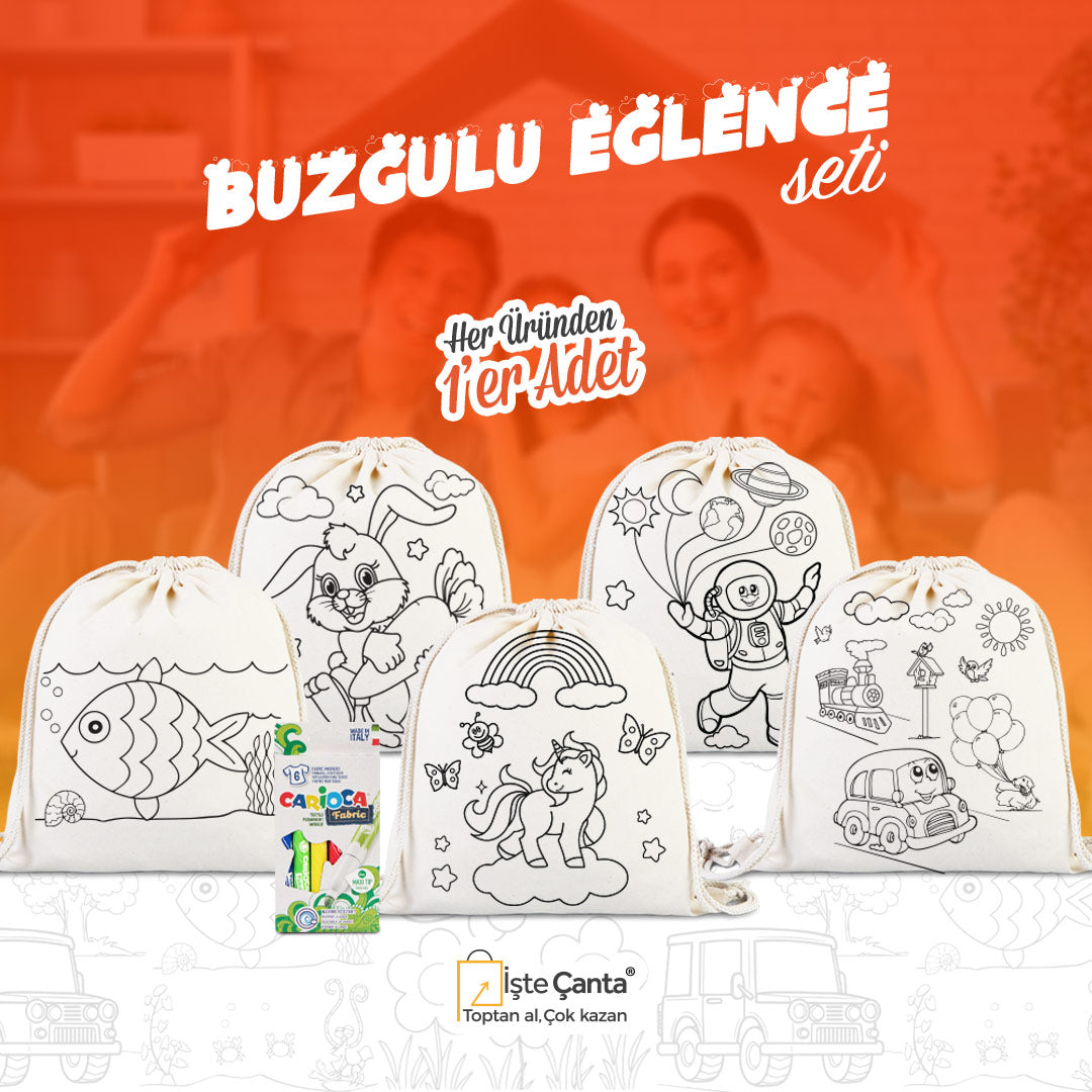 Büzgülü Eğlence Seti - 5 Adet Boyanabilir Büzgülü Çanta / 1 Adet Kumaş Kalemi - istecanta.com