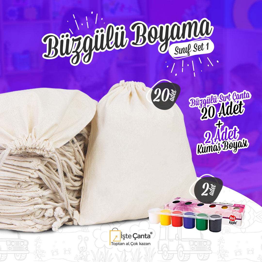 Büzgülü Sınıf Boyama Set 1 - 20 Adet Ham Bez Büzgülü Sırt Çantası / 2 Adet Red Apple 6'lı Kumaş Boyası Seti - istecanta.com