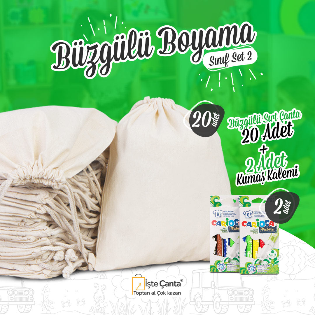 Büzgülü Sınıf Boyama Set 2 - 20 Adet Ham Bez Büzgülü Sırt Çantası / 2 Adet Carioca Kumaş Boya Kalemi - istecanta.com