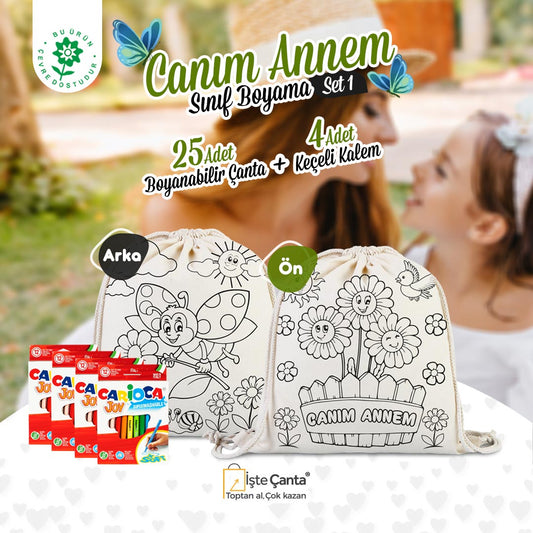 Canım Anneme Büzgülü Çanta Boyama Seti - 25 Adet Boyanabilir Büzgülü Çanta / 4 Adet Keçeli Kalem 12'li - istecanta.com