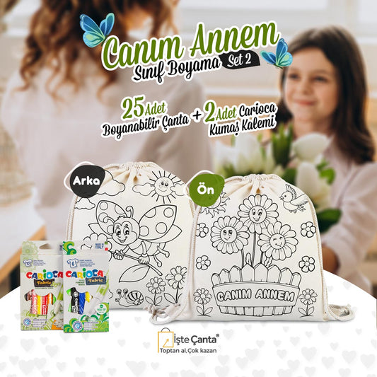 Canım Anneme Büzgülü Çanta Boyama Seti 2 - 25 Adet Canım Annem Büzgülü Çanta / 2 Adet Kumaş Boya Kalemi - istecanta.com