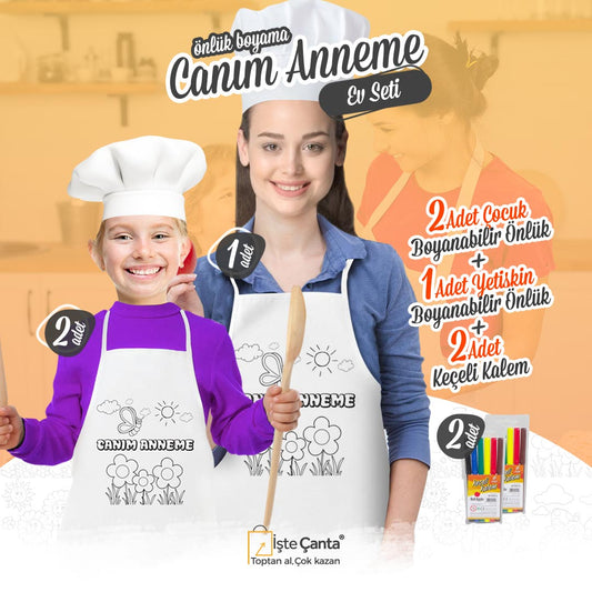 Canım Annem Önlük Boyama Ev Seti - 2 Adet Çocuk 1 Adet Yetişkin Boyanabilir Önlük / 2 Adet 6'lı Keçeli Kalem - istecanta.com
