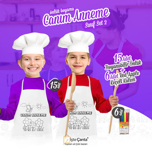 Canım Annem Önlük Boyama Sınıf Seti 2 - 15 Adet Canım Annem Boyanabilir Beyaz Mutfak Önlüğü / 6 Adet 6'lı Keçeli Kalem - istecanta.com