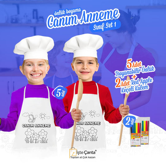 Canım Annem Önlük Boyama Sınıf Seti - 5 Adet Canım Annem Boyanabilir Baskılı Mutfak Önlüğü / 2 Adet 6'lı Keçeli Kalem - istecanta.com