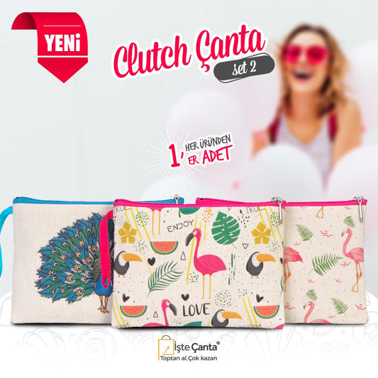Flamingo Baskılı Clutch Set - Her Üründen 1 Adet - istecanta.com