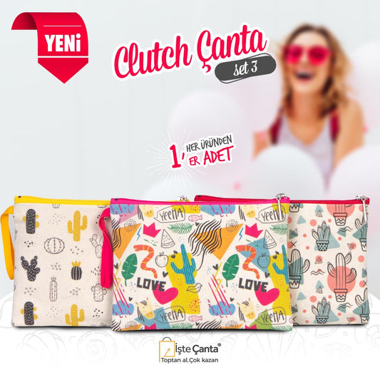 Kaktüs Baskılı Clutch Set - Her Üründen 1 Adet - istecanta.com