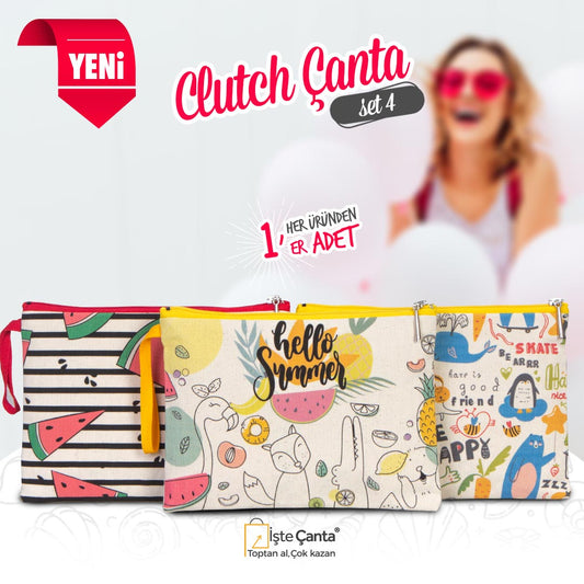 Summer Baskılı Clutch Set - Her Üründen 1 Adet - istecanta.com