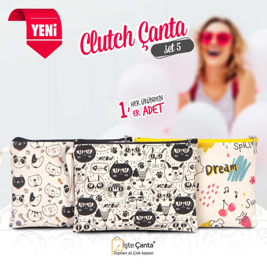 Animals Baskılı Clutch Set - Her Üründen 1 Adet - istecanta.com