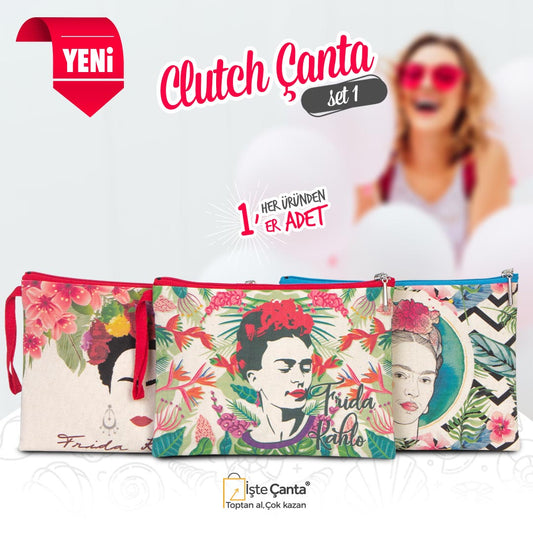 Frida Kahlo Baskılı Clutch Set - Her Üründen 1 Adet - istecanta.com