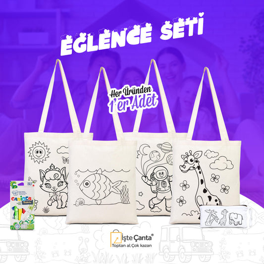 Eğlence Seti - 4 Adet Çift Yön Boyanabilir Çanta / 1 Adet Boyanabilir Kalemlik / 1 Adet Carioca Kumaş Boya Kalemi - istecanta.com