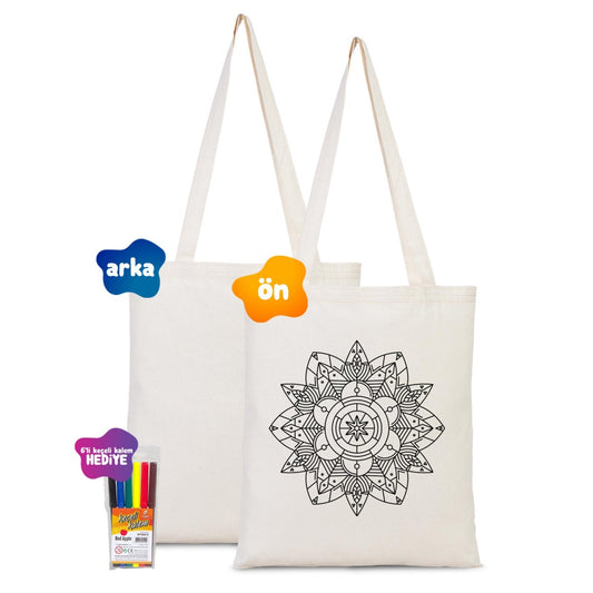 Mandala Çiçek - Boyanabilir Çanta - Kalemli - istecanta.com