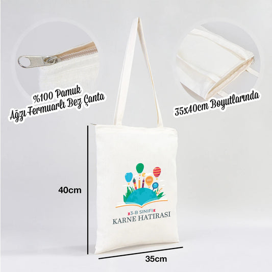 karne Hatırası baskılı Fermuarlı ham bez çanta, çocuklara özel tasarım, 35x40 cm