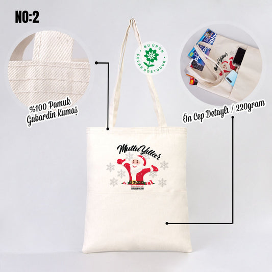 Yılbaşı Baskılı Gabardin Bez Çanta - Cepli (Özelleştirilebilir) - istecanta.com