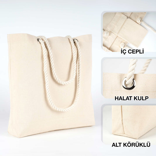 Kanvas Alışveriş & Plaj & Geniş Hacim Halat Kulp Çanta - 48x41x10 cm İç cep
