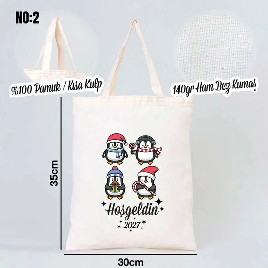 Yılbaşı Baskılı Ham Bez Çanta 30x35 cm - Kısa Kulp (Özelleştirilebilir) - detay görünüm