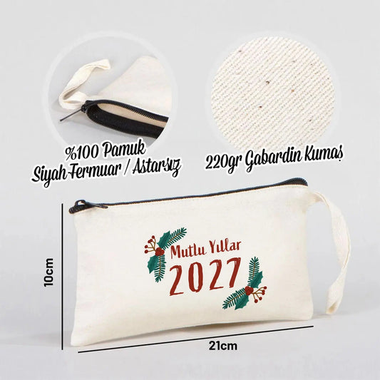Yılbaşı Baskılı Bez Kalemlik & Makyaj Çantası 21x10 cm (Özelleştirilebilir) - detay görünüm