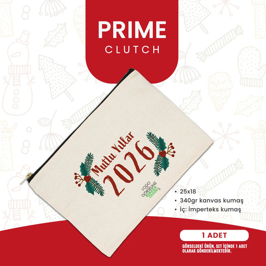 Mutlu Yıllar 2026 baskılı yılbaşı temalı kanvas clutch çanta 25x18 cm.