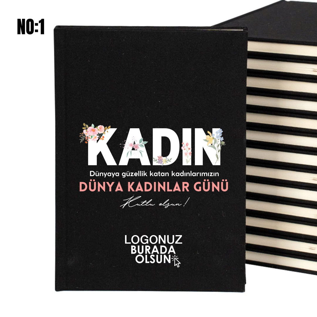 Siyah Kanvas Defter 14x20 cm - Kadınlar Günü Temalı - Logo Baskılı Toptan Hediye - istecanta.com