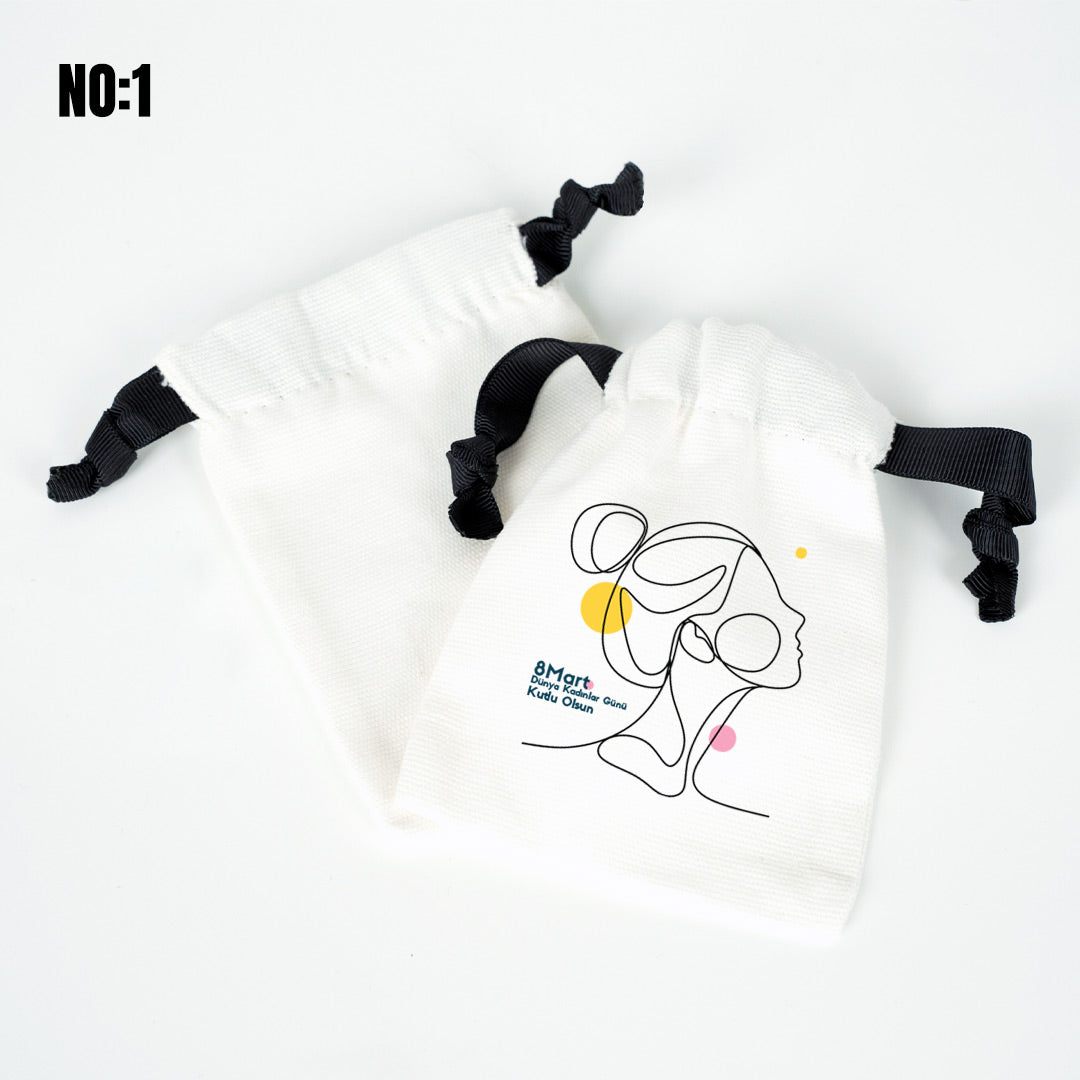 Kurumsal Logo Baskılı Kadınlar Günü Bez Kese - Siyah İpli 10x13 cm - istecanta.com