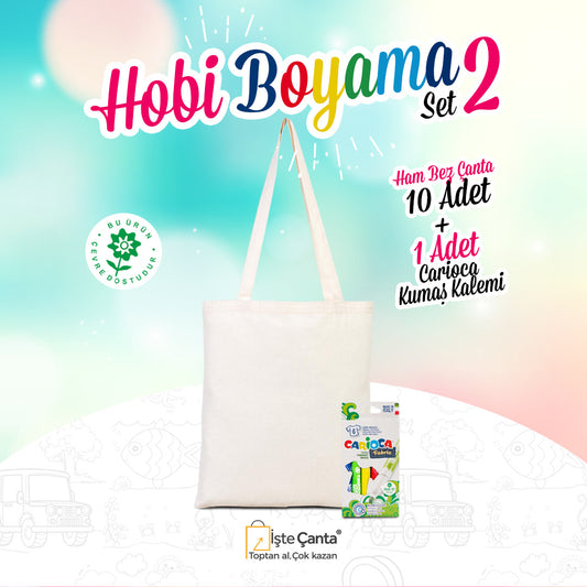 Hobi Bez Çanta Boyama Set 2 - 10 Adet Ham Bez Çanta / 1 Adet Carioca Kumaş Boya Kalemi - istecanta.com