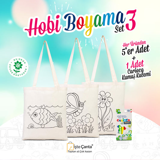 Hobi Bez Çanta Boyama Set 3 - 15 Adet Çift Yön Boyanabilir Çanta / 1 Adet Carioca Kumaş Boya Kalemi - istecanta.com