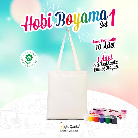 Hobi Bez Çanta Boyama Set 1 - 10 Adet Ham Bez Çanta / 1 Adet Red Apple 6'lı Kumaş Boyası - istecanta.com