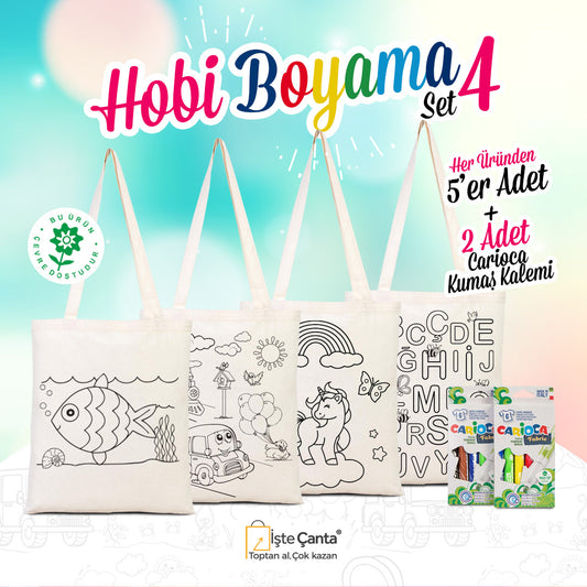 Hobi Bez Çanta Boyama Set 4 - 20 Adet Çift Yön Boyanabilir Çanta / 2 Adet Carioca Kumaş Boya Kalemi - istecanta.com