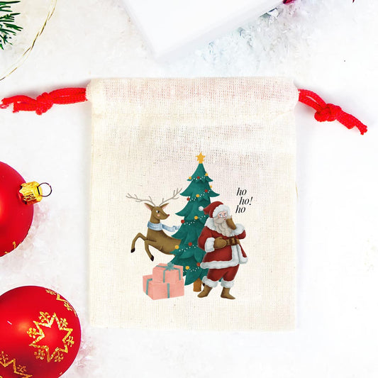 Yılbaşı Bez Kese Noel Baba Baskılı - Renkli İp - istecanta.com