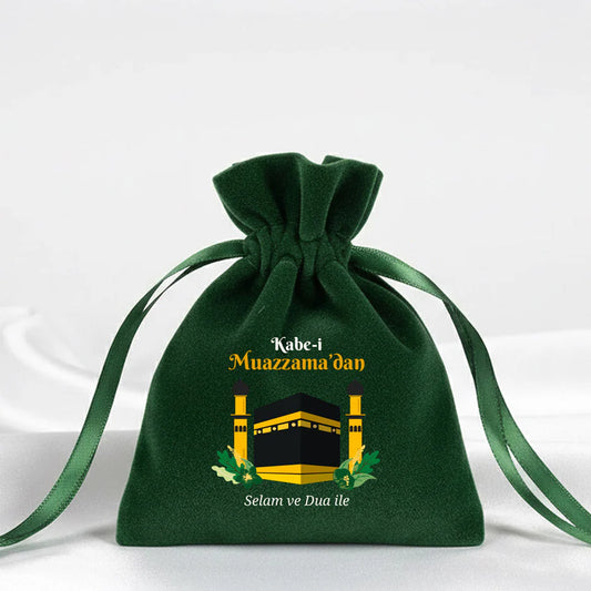 10x13 cm Dualarımıza Sizi de Ekledik | Hac ve Umre Hediyelik Kadife Gül Kese ... - detay görünüm