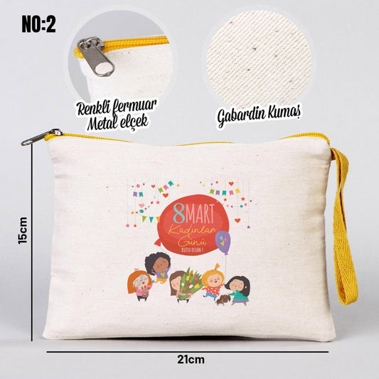 Kadınlar Günü Renkli Fermuarlı Clutch 21x15 cm - istecanta.com