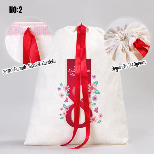 Kadınlar Günü Özel Bez Kese Kurdeleli - 30x40 cm - istecanta.com