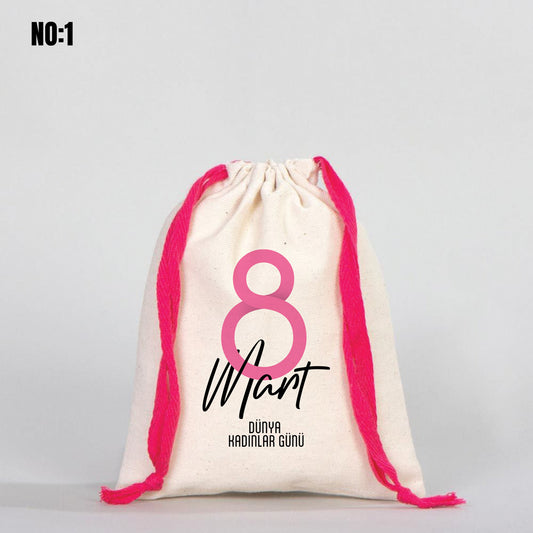 Kadınlar Günü Bez Kese 15x20 cm - Renkli İp - istecanta.com