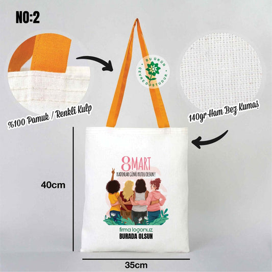 Kadınlar Günü Ham Bez Çanta 35x40 cm - Renkli Kulp - istecanta.com