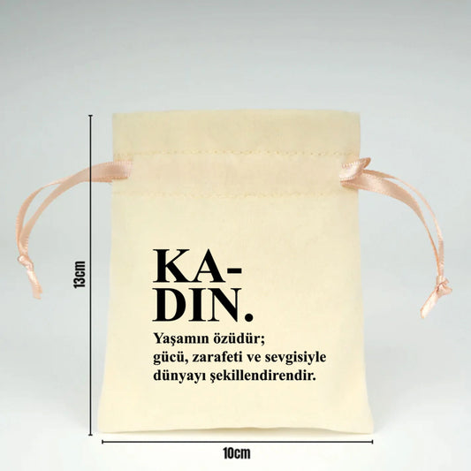 10x13 cm Pudra Renk İp Kadife Gül Kese - Kadınlar Günü Hediyesi