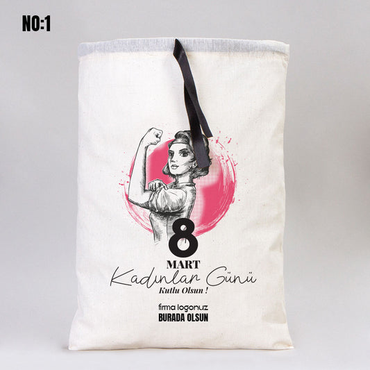 Kadınlar Günü Özel Bez Kese Kurdeleli - 30x40 cm - istecanta.com