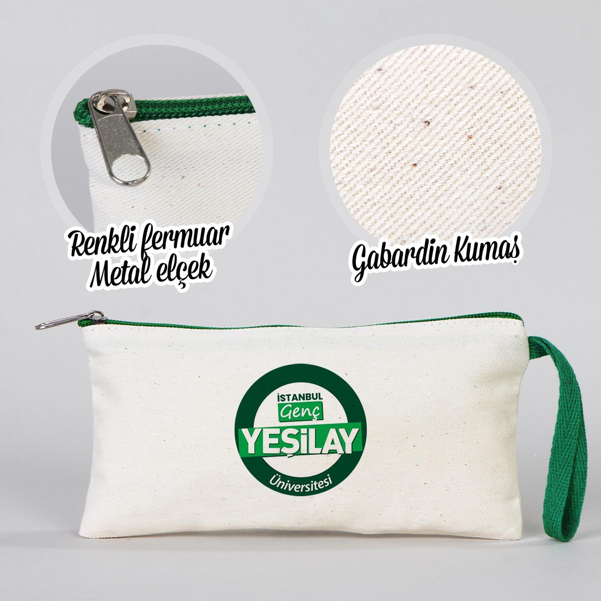Bez Kalemlik Renkli Fermuar Yeşil - Özelleştirilebilir - istecanta.com