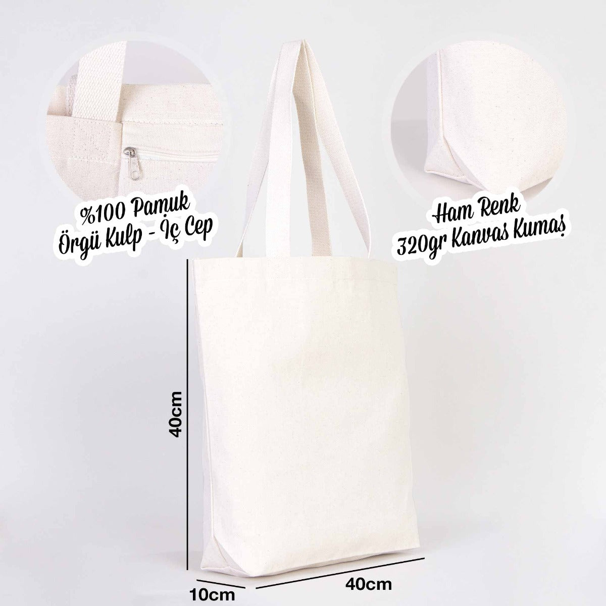 Kanvas Bez Çanta İç Cepli Örgü Kulp - 40x40x10 cm - istecanta.com