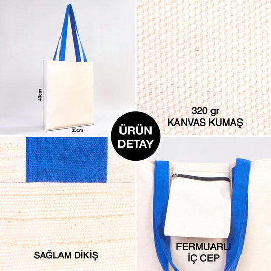Kanvas Çanta Saks Mavi Kulp - İç Cepli - 35x40 cm - istecanta.com