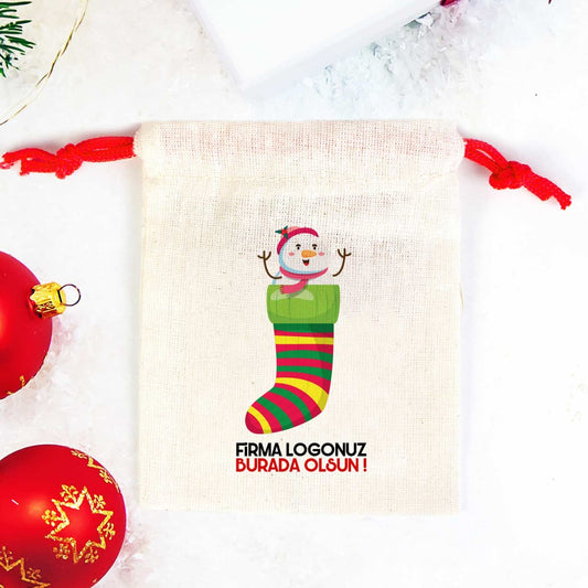 Kardan Adam Baskılı Bez Kese Modeli - Renkli İp (Özelleştirilebilir) - istecanta.com