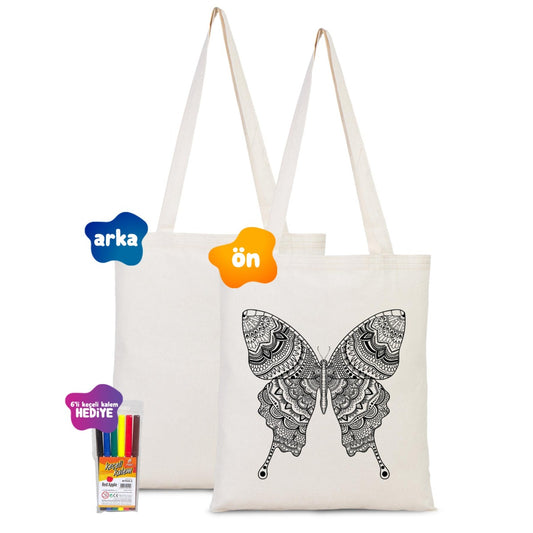 Mandala Kelebek - Boyanabilir Çanta - Kalemli - istecanta.com