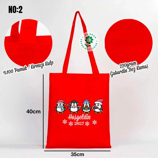 Gabardin Kırmızı Bez Çanta 35x40 cm Yılbaşı Baskılı (Özelleştirilebilir) - detay görünüm